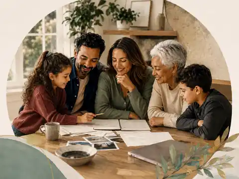 A multigenerational family reviewing notes together at a dining table