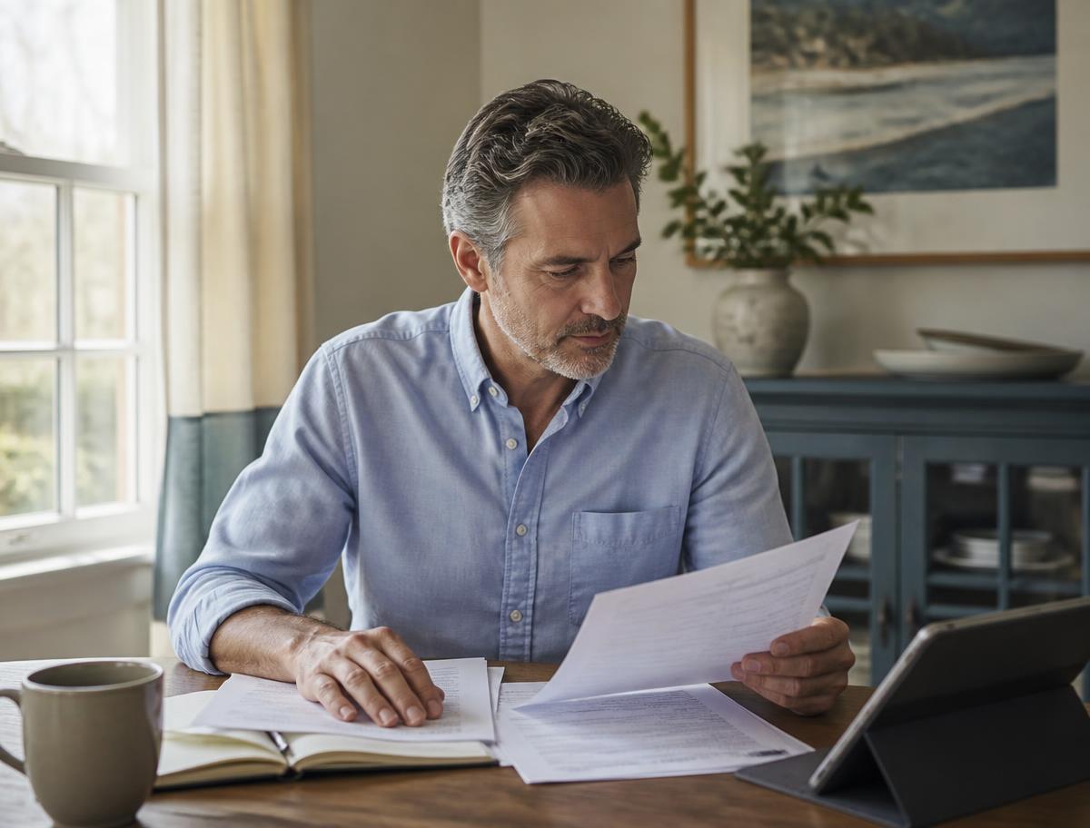 A man at home reviewing trust paperwork with a notebook and tablet